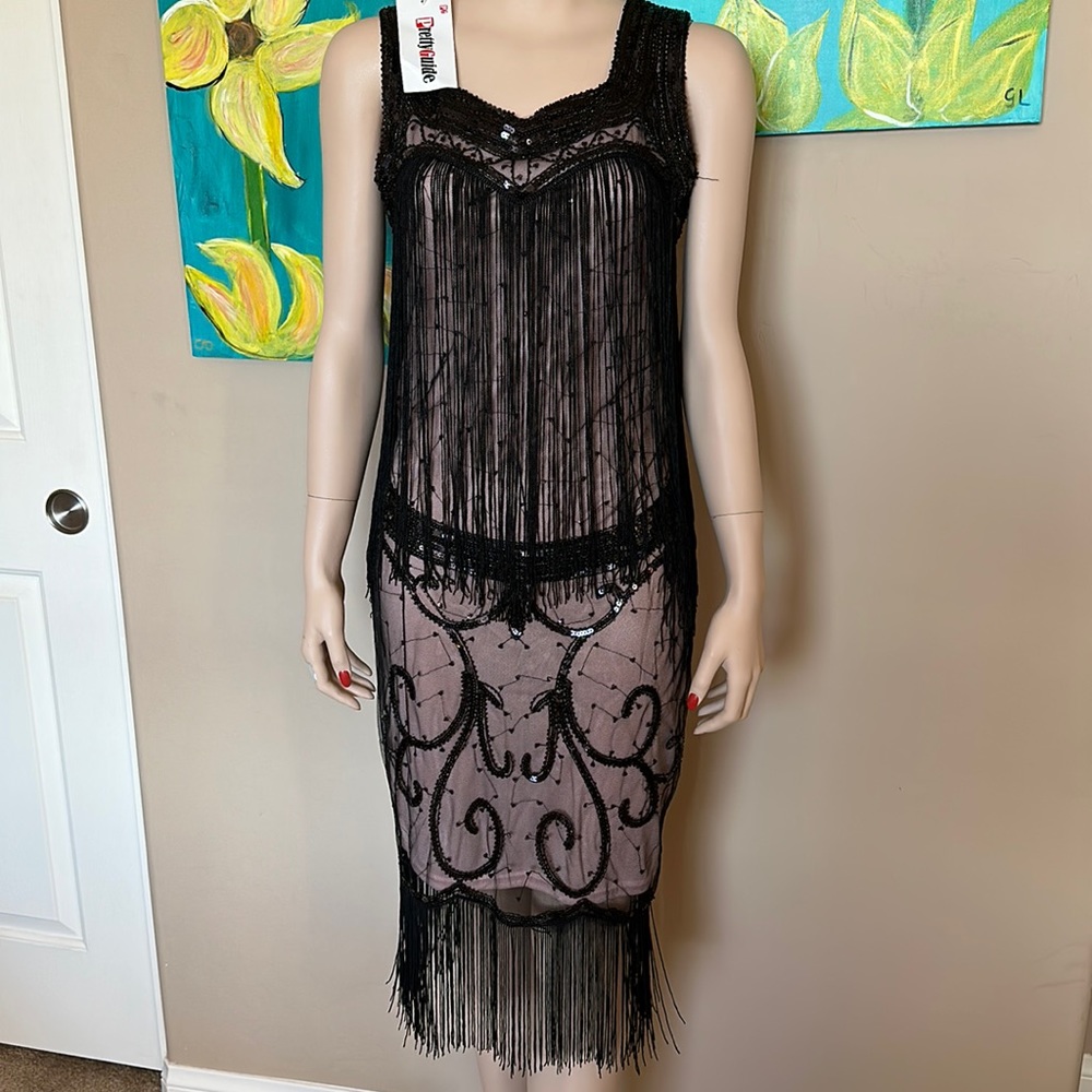 Black Beaded Fringe Cocktail Dress - , Flapper-Inspired